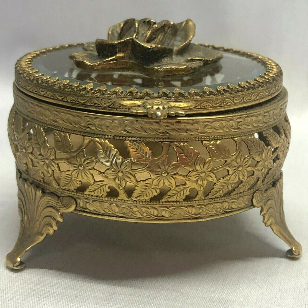 Vintage Brass & Beveled Glass Footed Jewelry Box